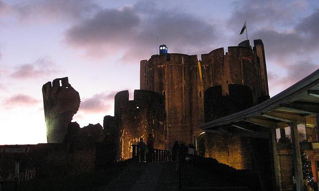 Doctor`s Tardis in the Castle Sunset