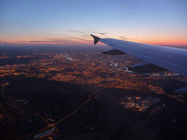 Flying into Newcastle as the sun sets